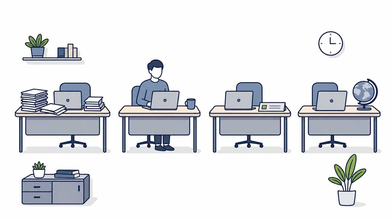 Four desks in a row representing agency, freelancer, in-house, and offshore PPC management options.
