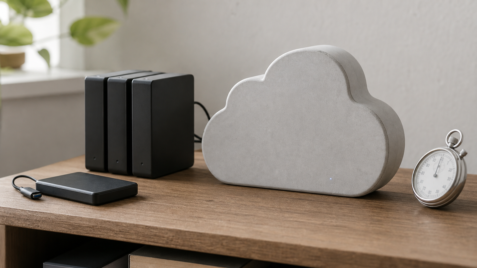 Three hard drives and a server box on a shelf, one drive set apart, beside a stopwatch.