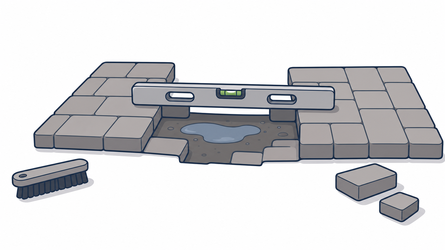 Paver walkway with a sunken, puddled section next to a level section, with a level tool across the dip.