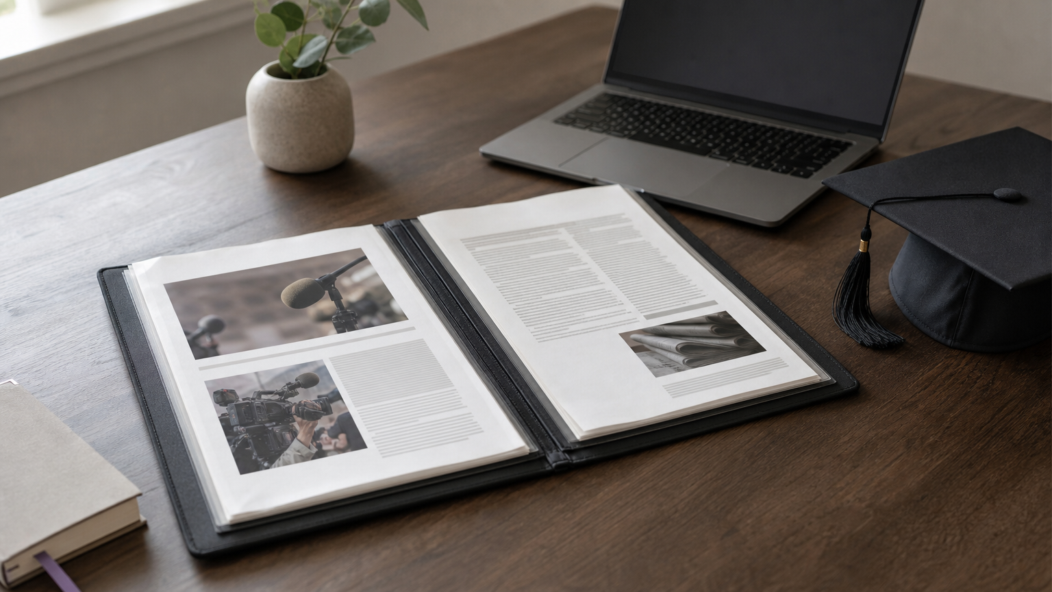 An open portfolio of printed articles on a desk with a laptop, graduation cap, and notebook.