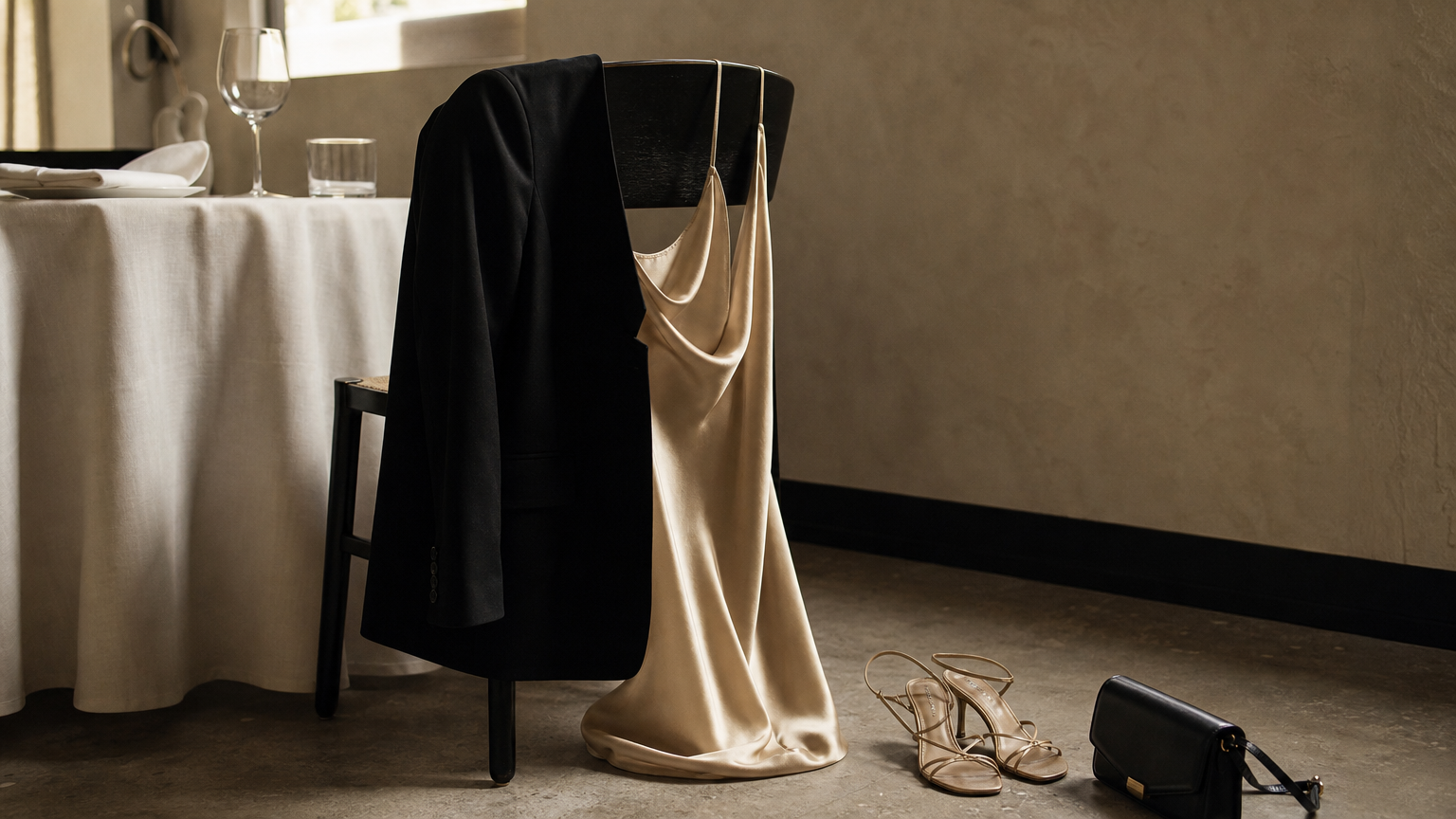 Black blazer on a chair beside a satin slip dress, strappy heels and a small bag.
