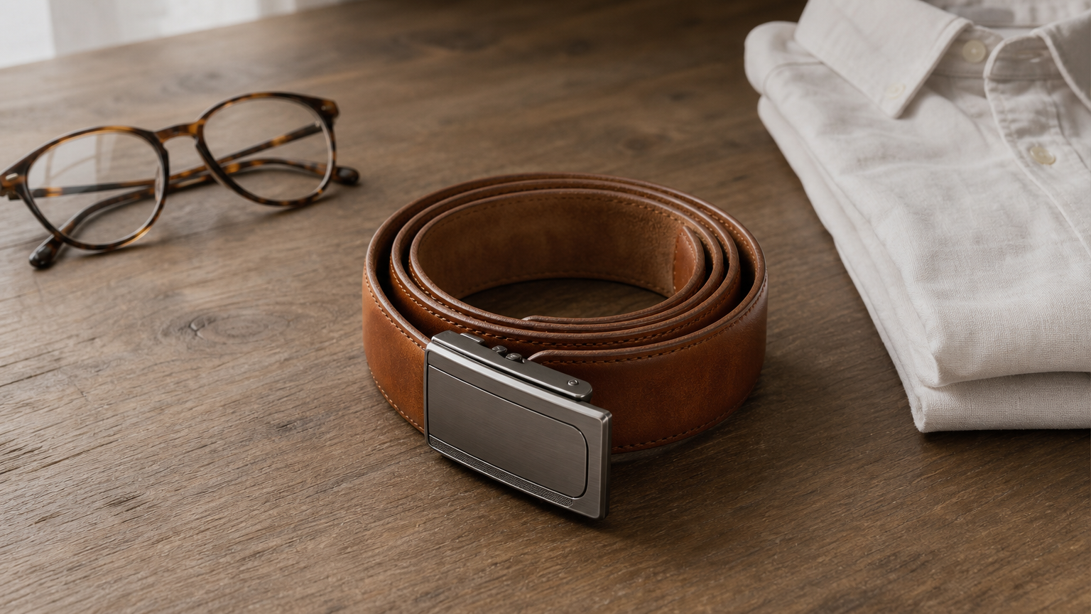 Ceinture en cuir cognac enroulée avec boucle à cliquet, posée près d'une chemise pliée.