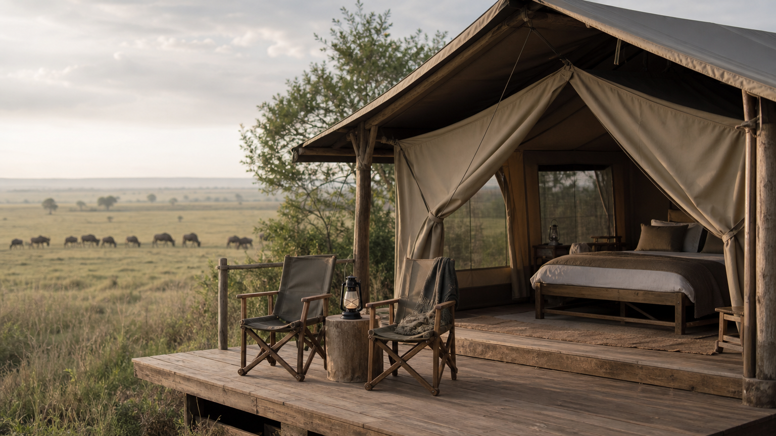A luxury safari tent with camp chairs and a lantern overlooking wildebeest on the plains.