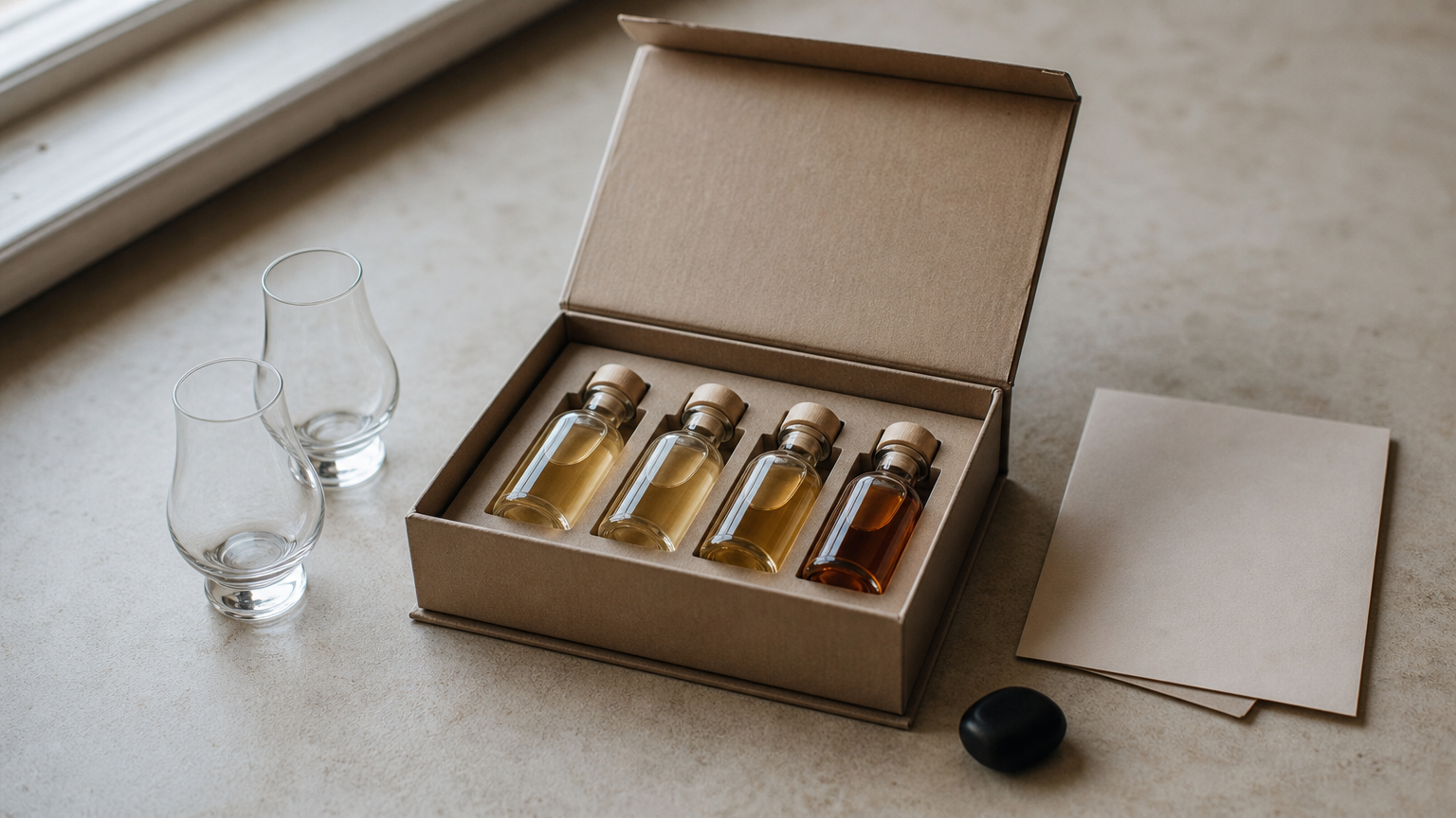 Coffret ouvert avec quatre petits flacons d'échantillons, deux verres et une fiche de dégustation.
