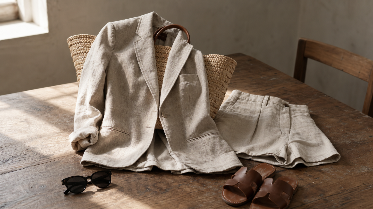 Wrinkled linen blazer on a straw tote with shorts, slides, and sunglasses.