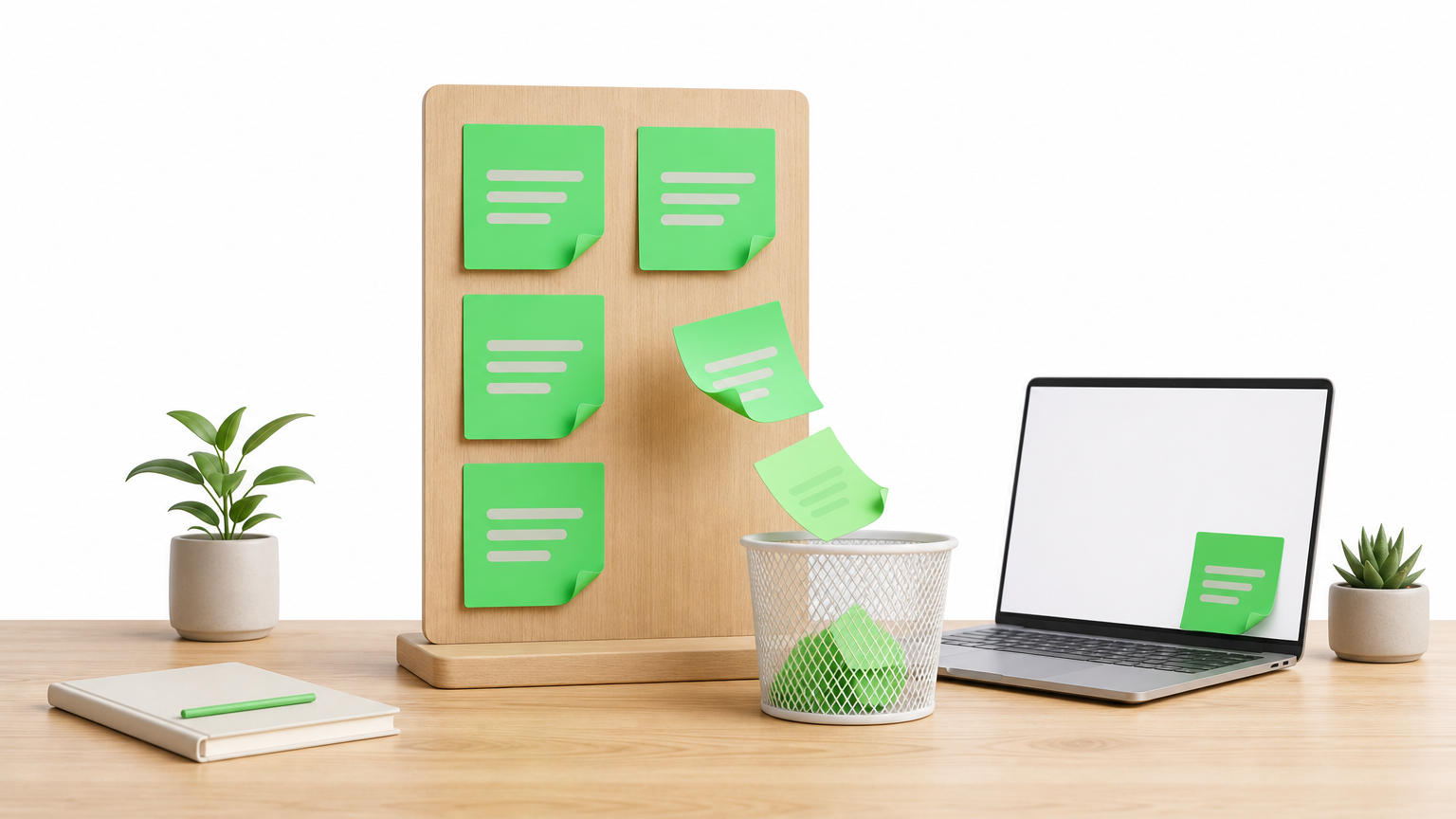 Sticky notes of features being removed from a desk, leaving one note on a laptop.