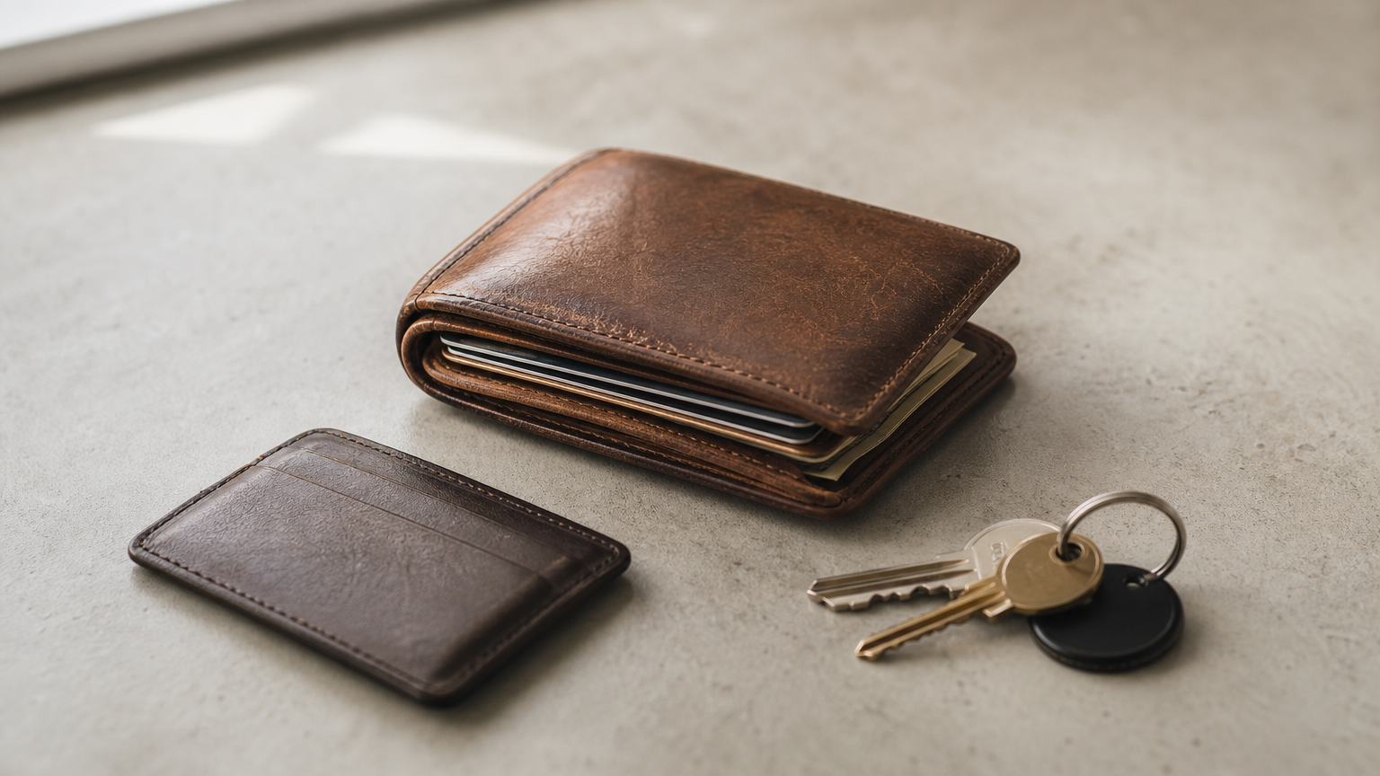 Portefeuille en cuir brun entrouvert avec cartes, près d'un porte-cartes fin et de clés.
