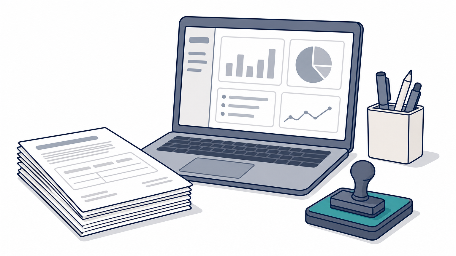 A desk with stacked claim forms, a laptop dashboard, and an approval stamp.