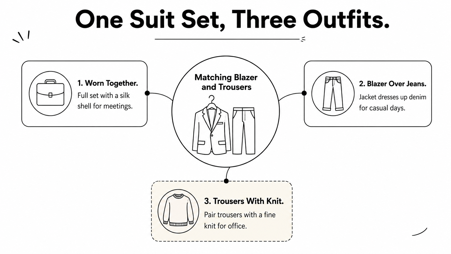 Hub diagram showing a matching suit set worn together, blazer with jeans, and trousers with knit.