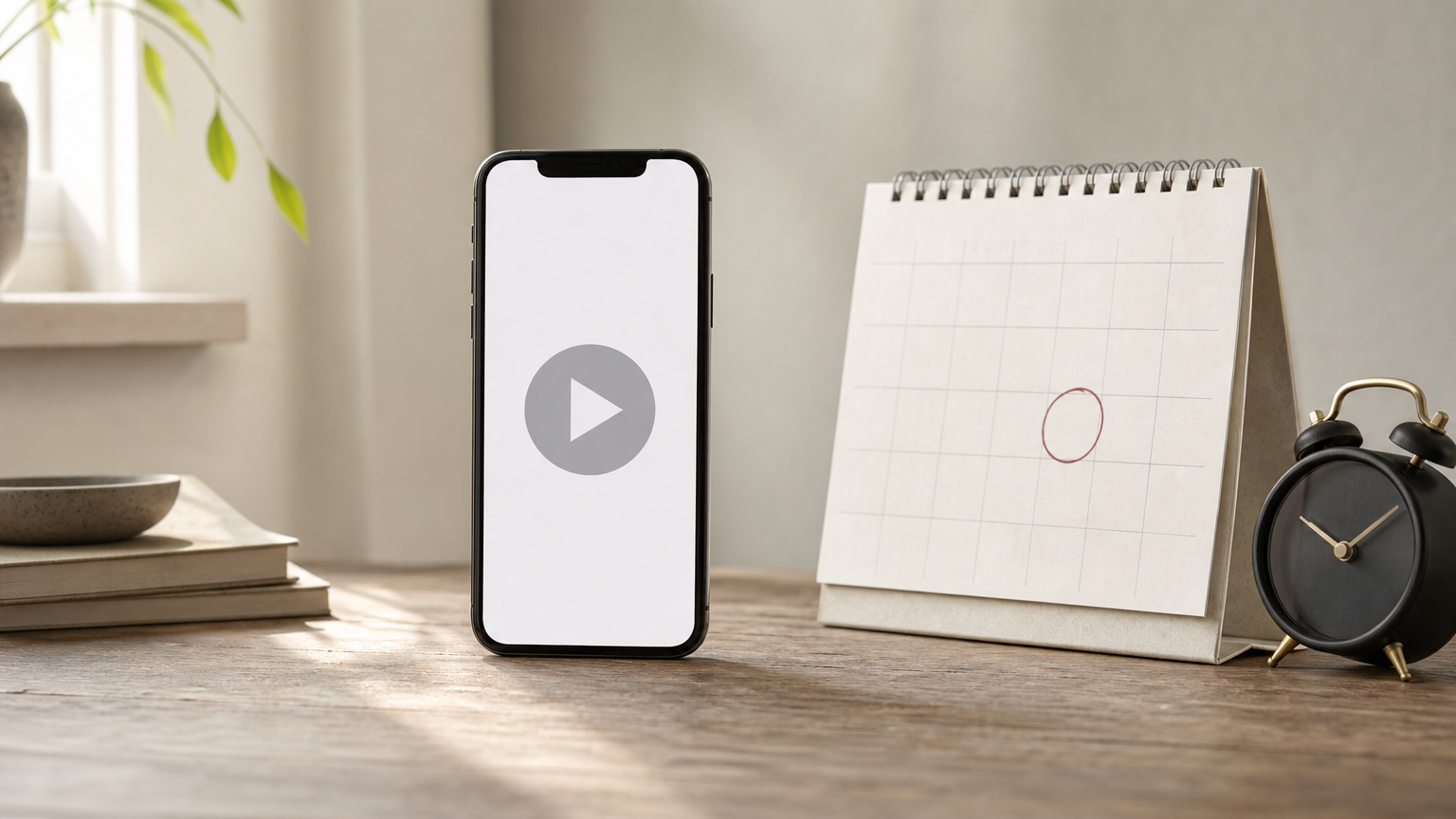 A smartphone with a play button, a calendar with a circled date, and an alarm clock.