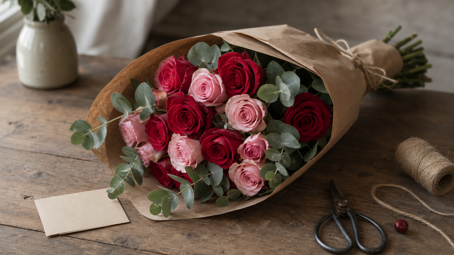 Valentine Day Flowers Hand-tied red and pink rose bouquet wrapped in kraft paper on a studio table with twine and scissors.