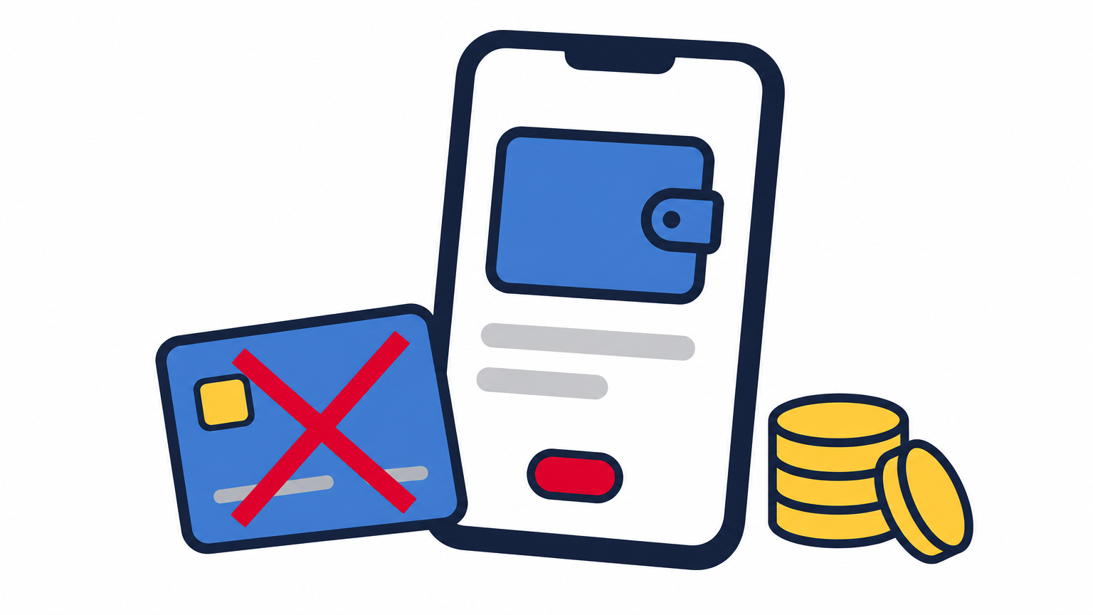 A bank card beside a smartphone with a mobile wallet open and a small stack of coins.