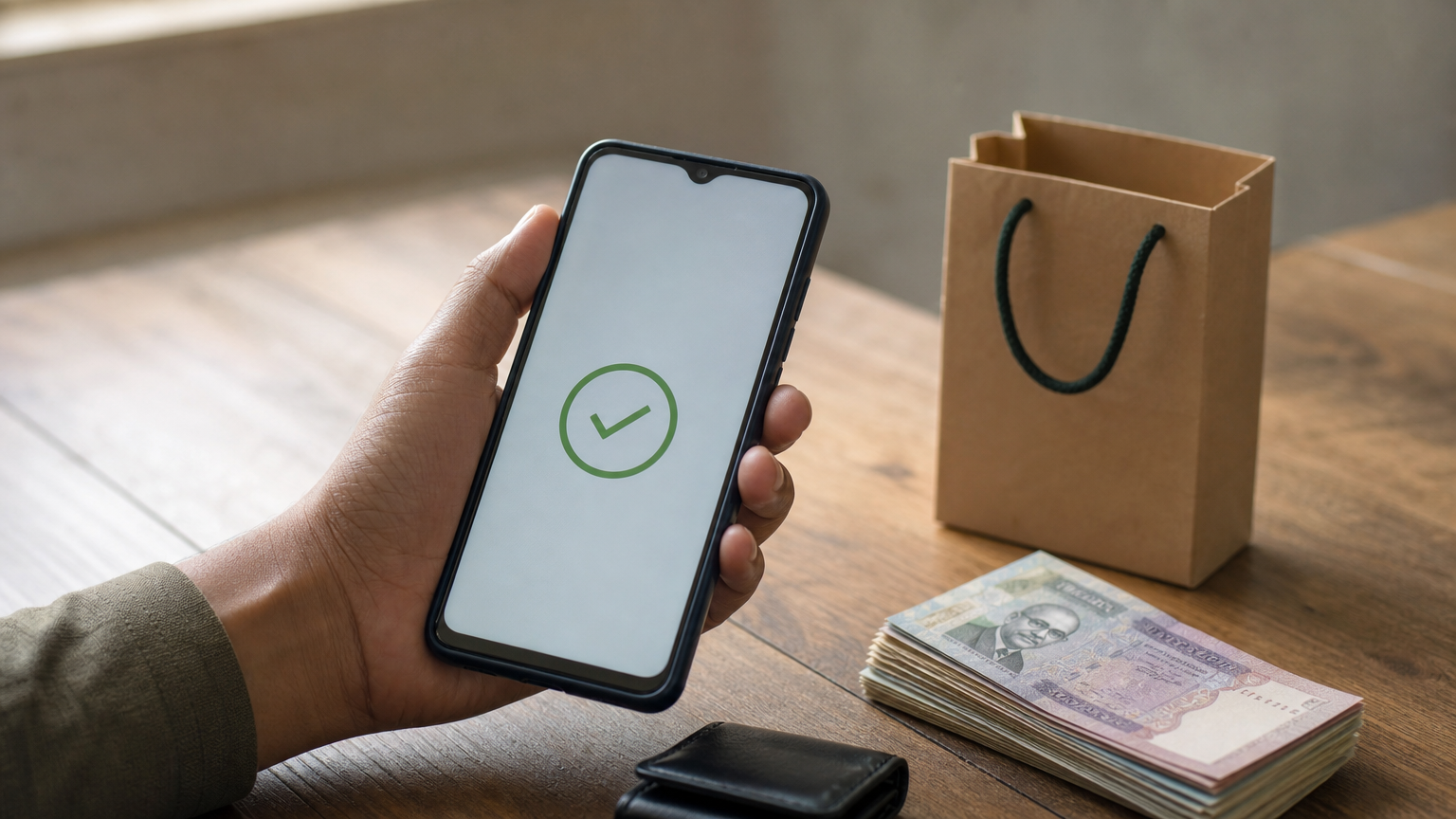 A hand holding a phone completing a payment, next to taka banknotes and a shopping bag.