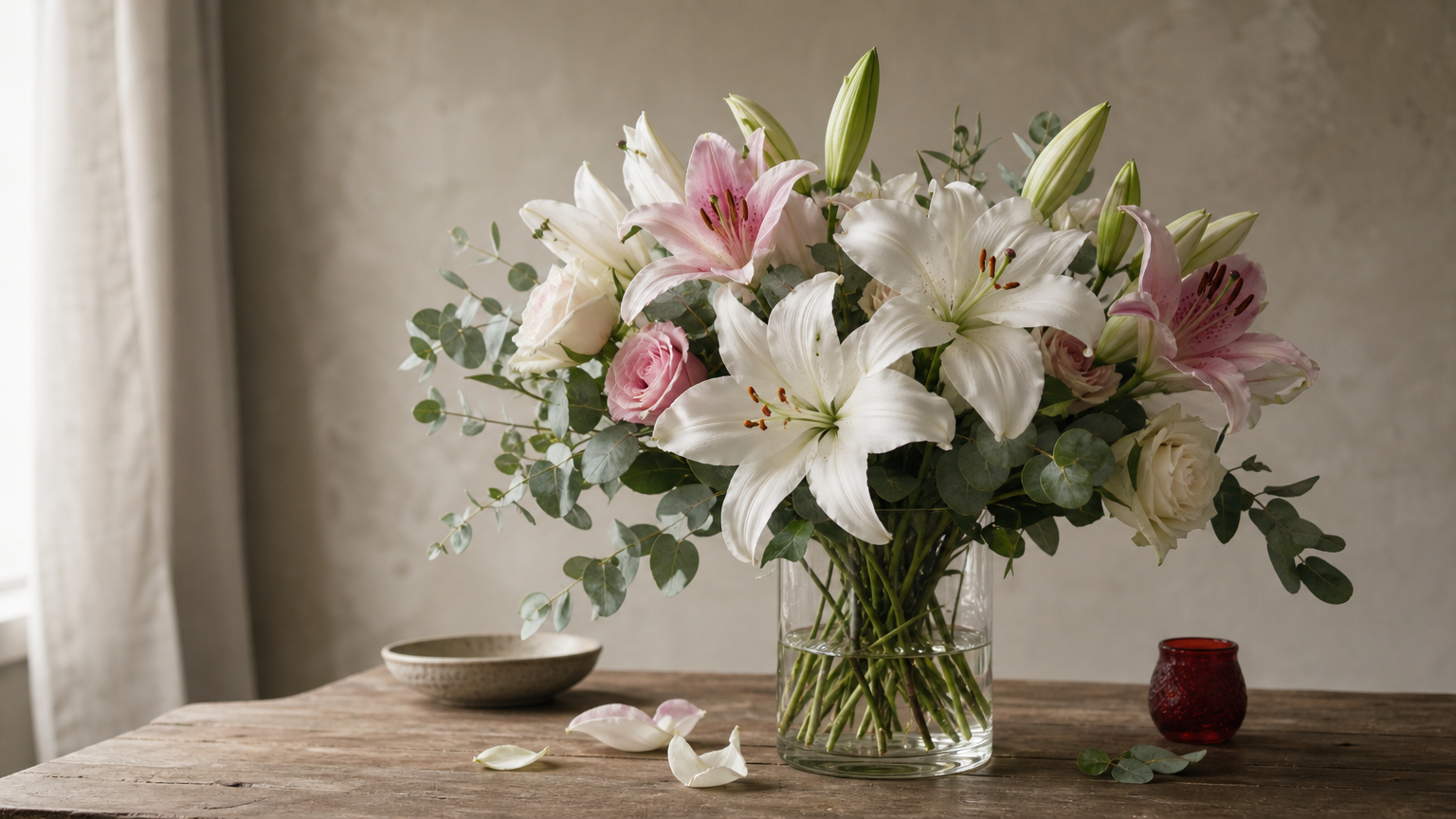 Valentine Day Flowers White and pink lilies with roses and eucalyptus in a glass vase, some buds still closed.
