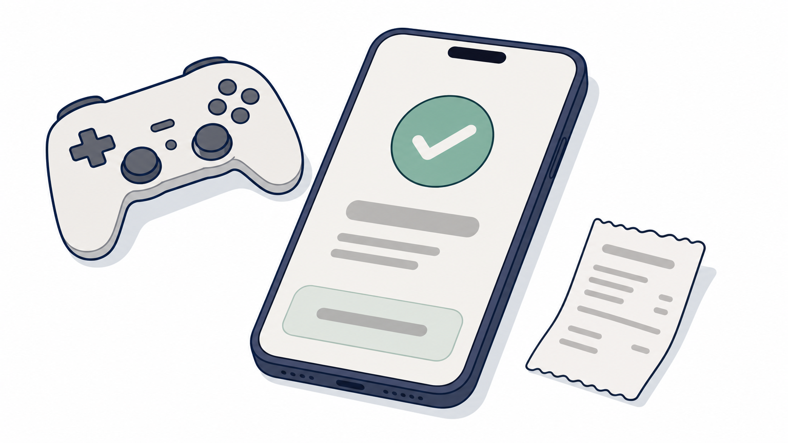 A smartphone with a payment confirmation beside a game controller and a paper receipt on a desk.