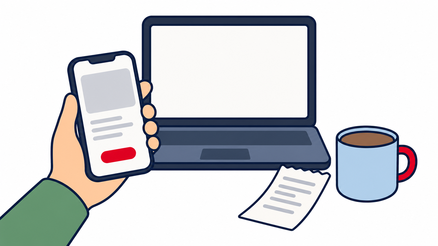 A hand holding a phone before a laptop with a streaming page, a receipt and tea beside it.