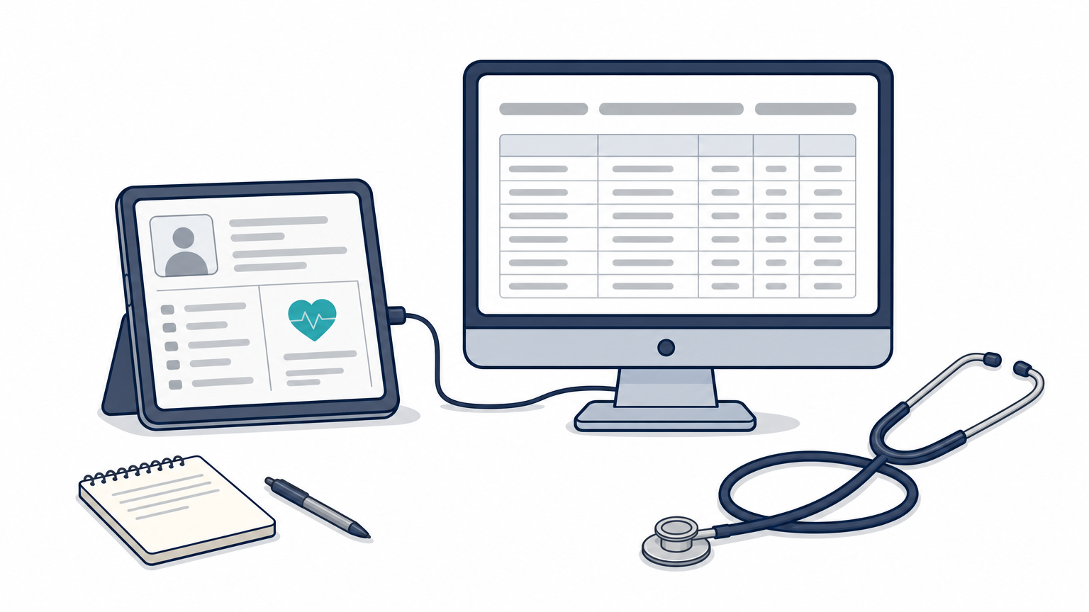 A tablet with a patient chart connected to a monitor showing a billing ledger.