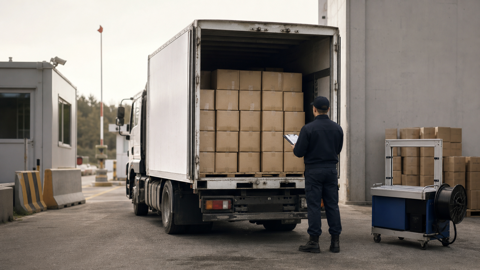 An officer with a clipboard inspects a loaded truck at a roadside checkpoint beside stacked cartons.