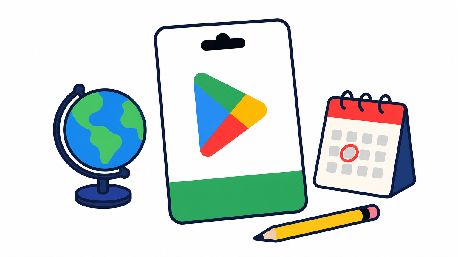 A gift card on a desk beside a small globe, a calendar page and a pencil.