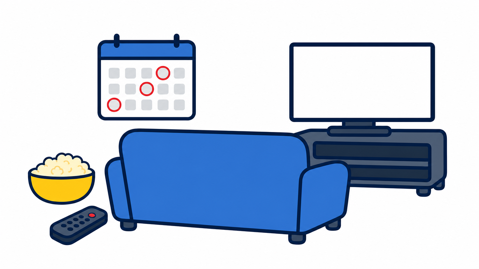 A sofa with a remote and popcorn facing a television, with a marked calendar on the wall.