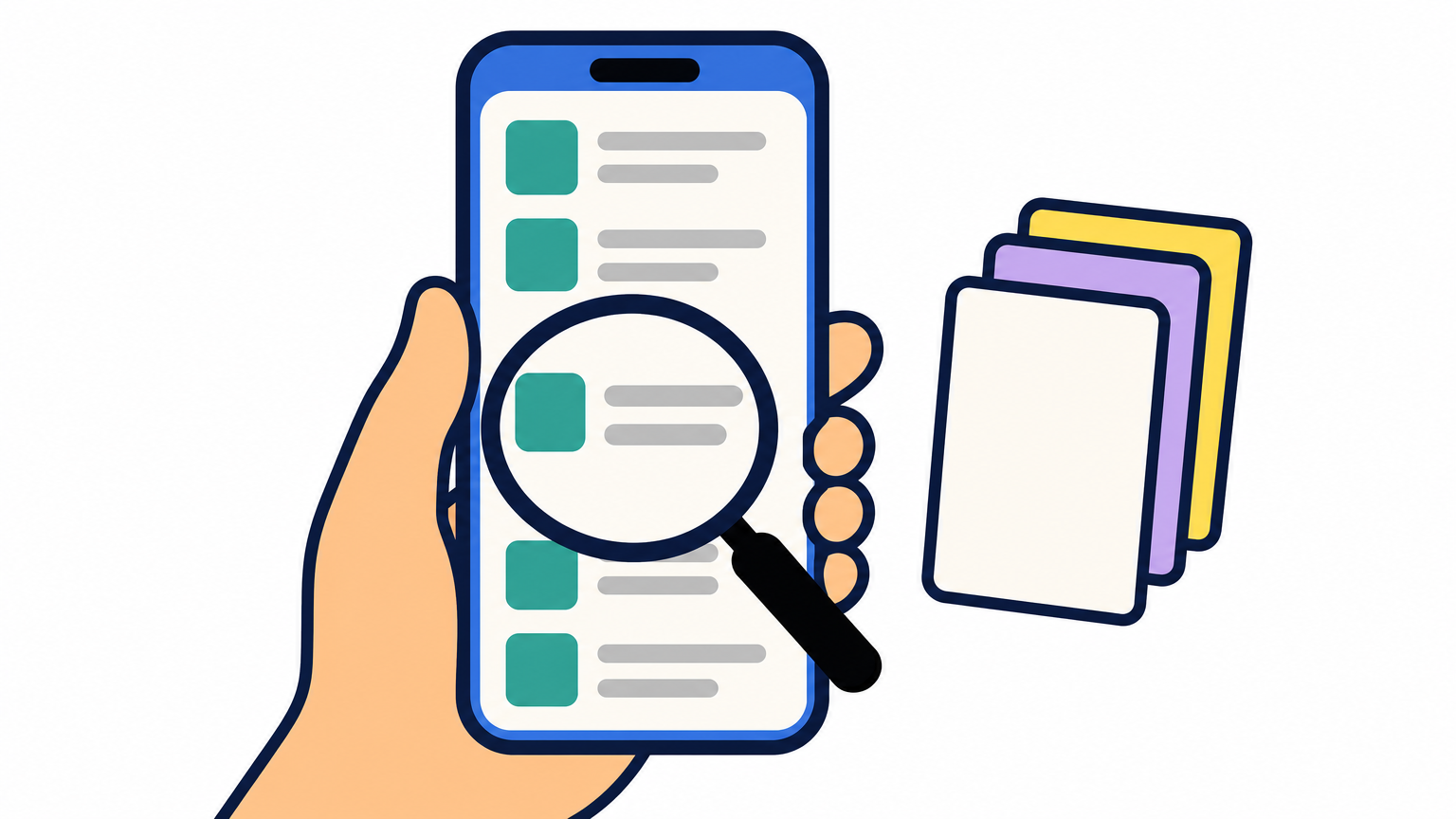 A hand holding a phone with a magnifying glass over one row of a transaction list.