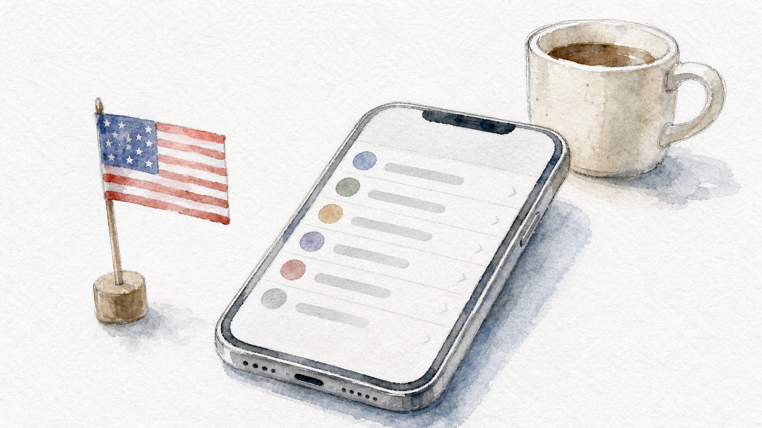 An iPhone on a desk beside a small paper US flag.