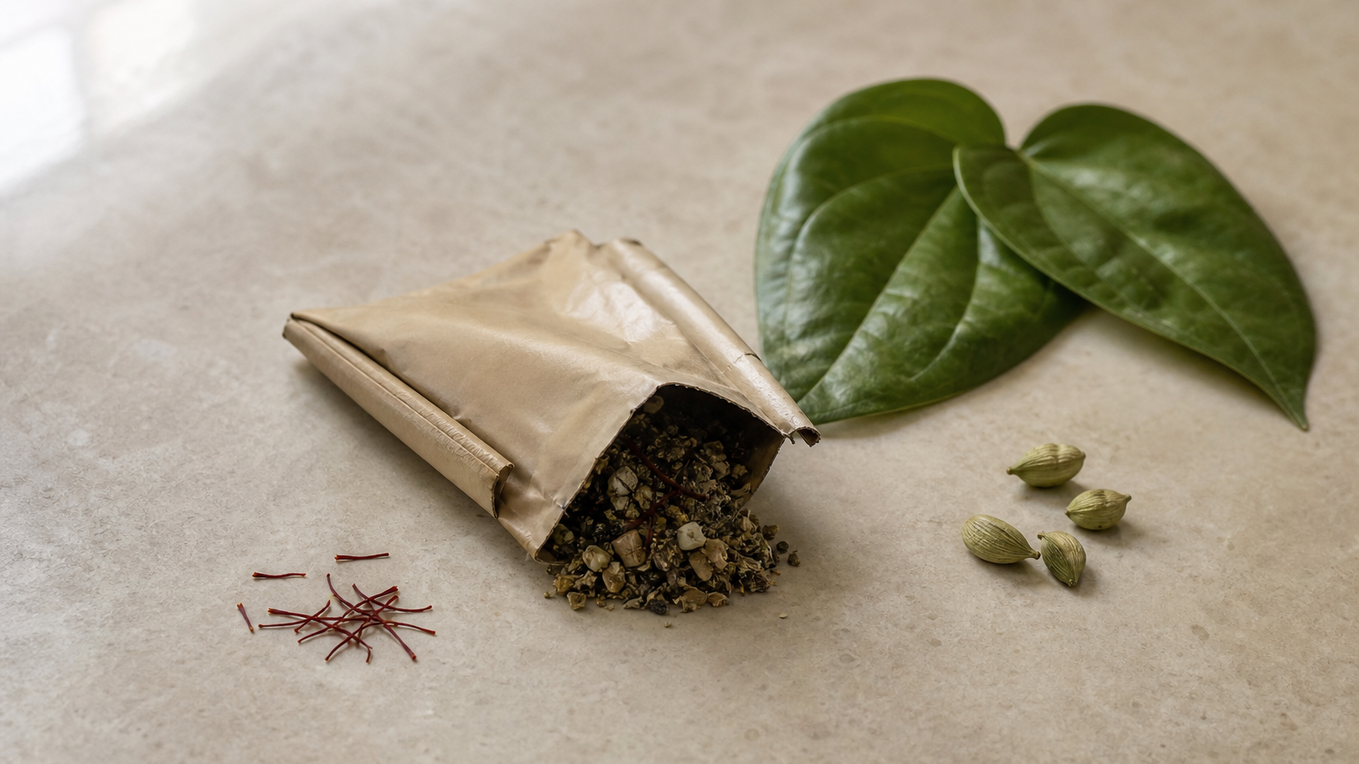 An open paan masala sachet surrounded by betel leaves, cardamom pods, and saffron threads.
