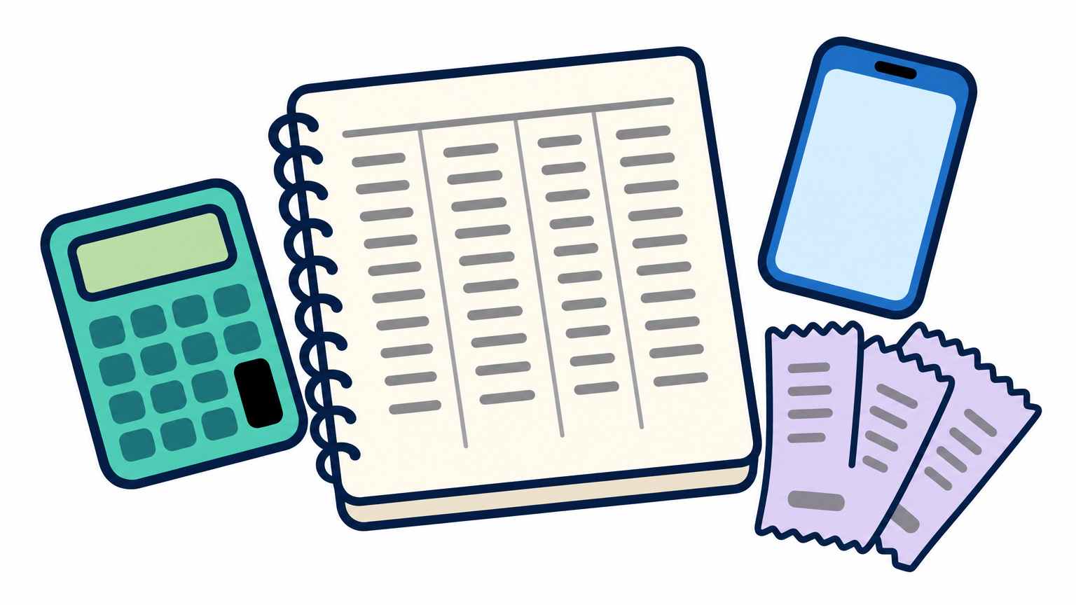 A notebook with columns of numbers, a calculator, a phone and paper receipts on a desk.