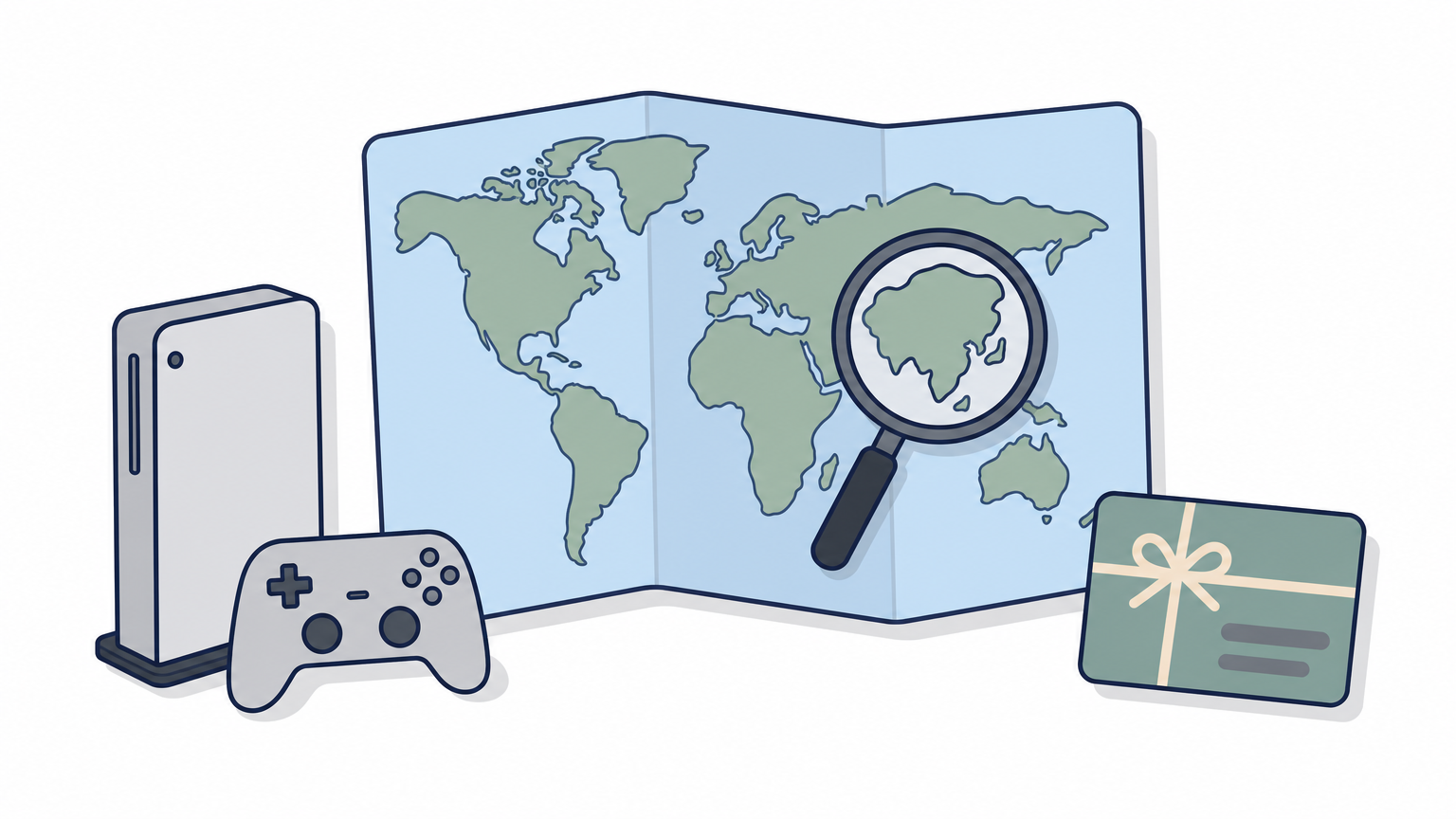 A magnifying glass over a world map beside a game console and a gift card.