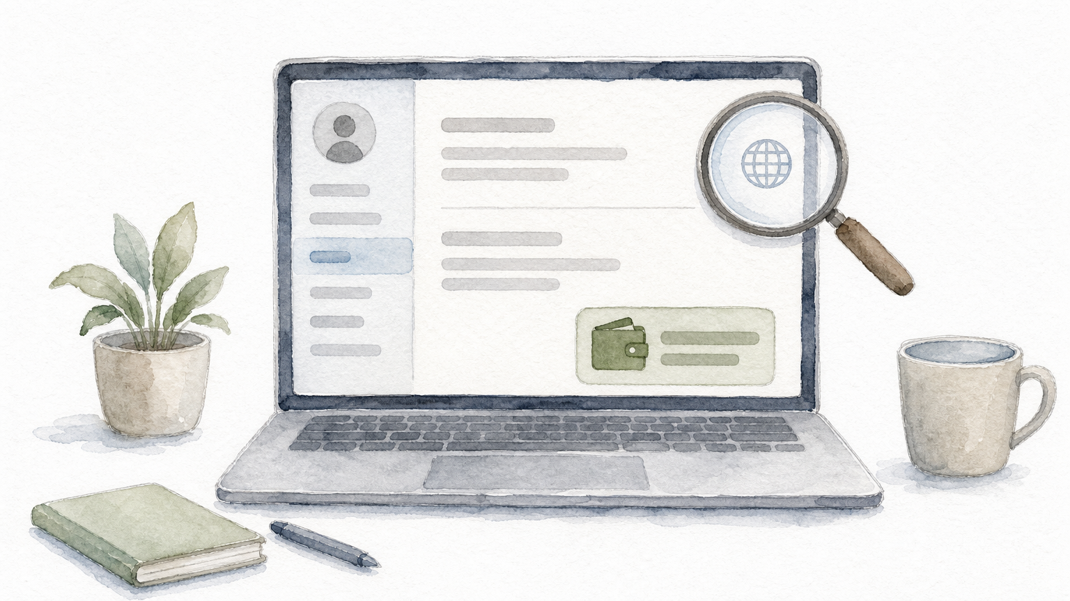 A laptop with an account settings screen, a magnifying glass, and a globe icon beside it.