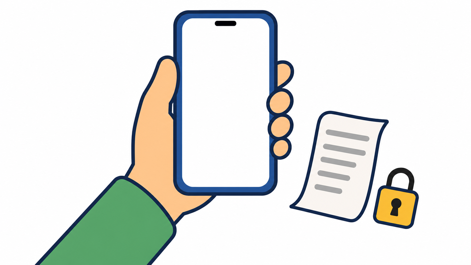 A hand holding a smartphone beside a paper receipt and a small padlock on a table.