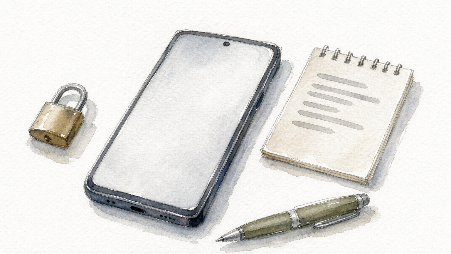 A smartphone, a notepad with an order slip, a pen, and a padlock on a desk.