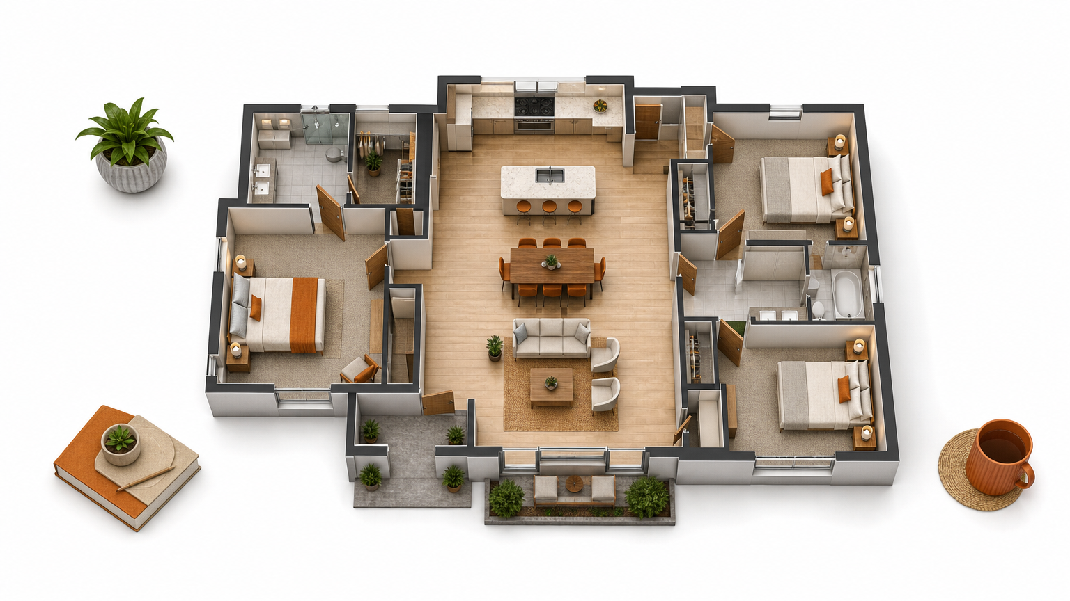 Overhead model of a wide ranch house with bedroom wings on both sides of a central living room.