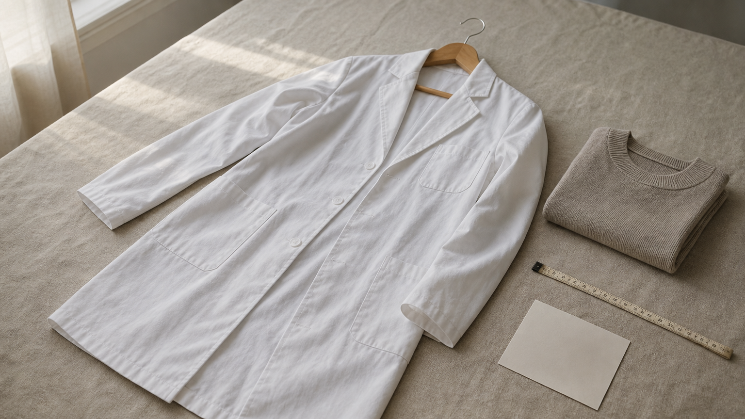 White lab coat on a hanger next to a tape measure, folded sweater, and size chart.