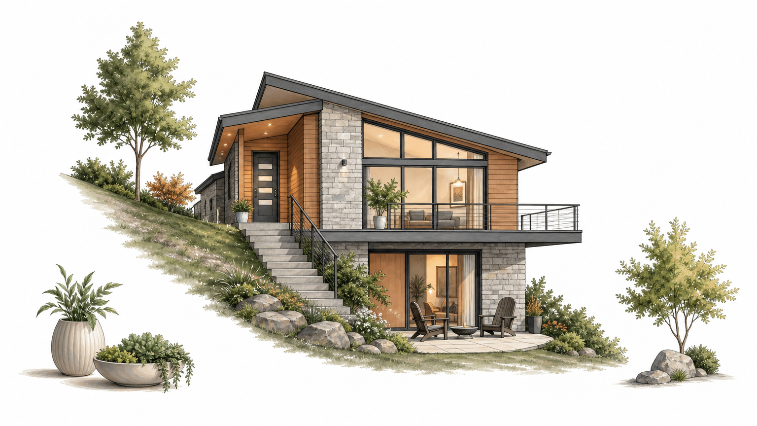 Side view of a hillside house with a main floor above and a walkout lower level opening to a patio.
