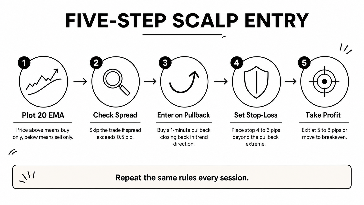 Five-step process diagram showing the EMA pullback scalping entry and exit rules.