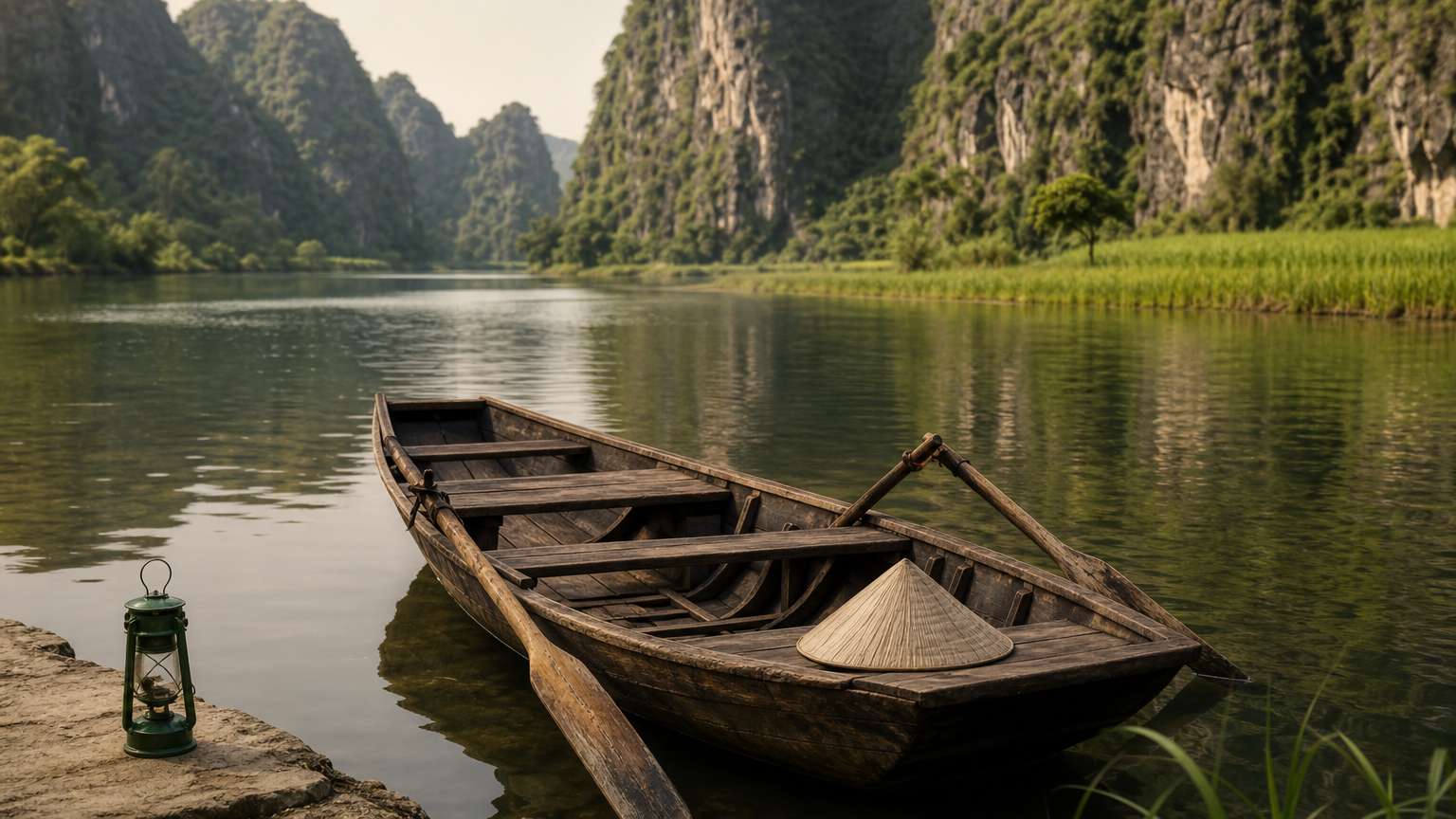 6360 barque a ninh binh | agence locale Vietnam Agenda Tour Une barque en bois sur une rivière entre des pitons calcaires et des rizières à Ninh Binh.