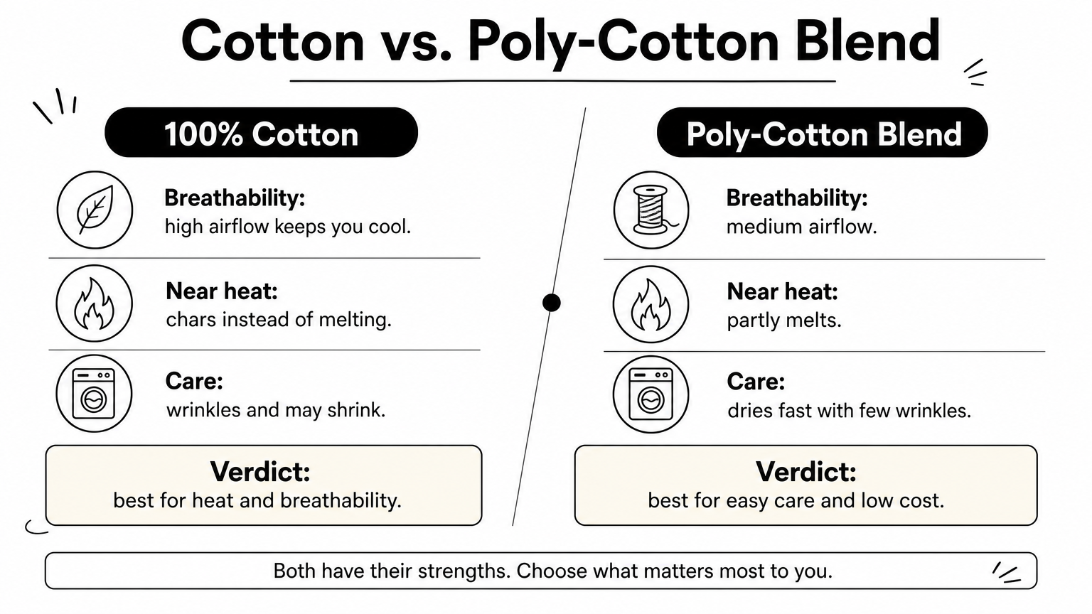 Comparison graphic of 100% cotton and poly-cotton lab coats on breathability, heat behavior, and care.