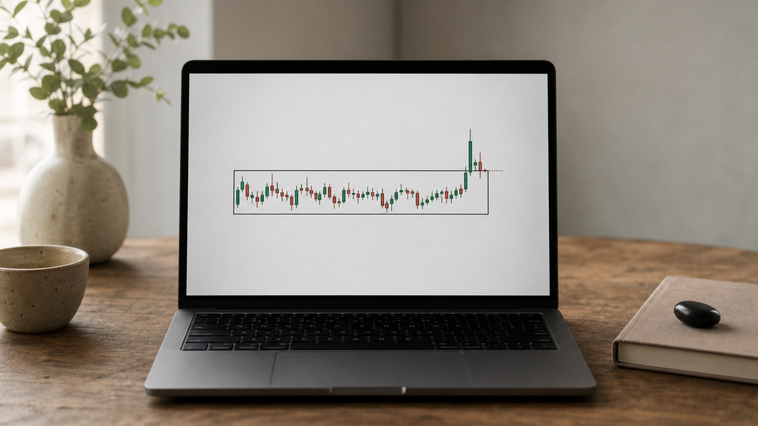 Candlestick chart with a tight consolidation box and one tall candle breaking out of its top edge.
