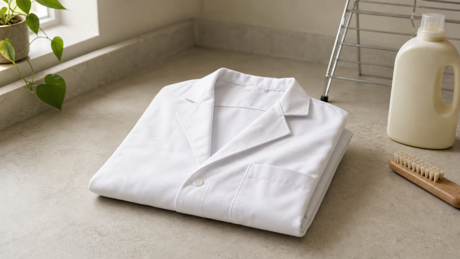 Folded white lab coat with detergent, drying rack, and stain brush on a laundry counter.