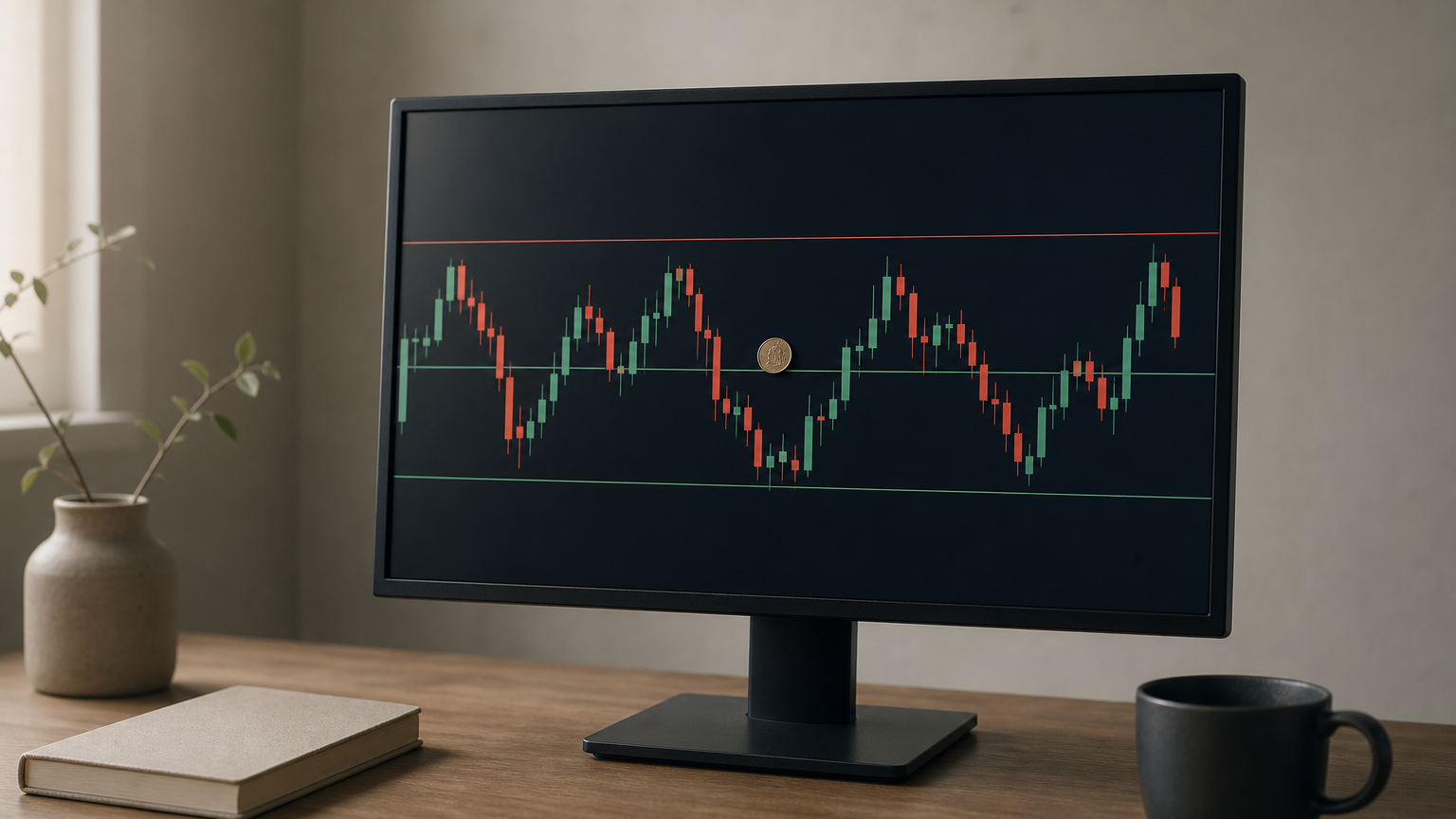 Monitor showing candles bouncing between upper and lower Bollinger Bands around a flat middle line.