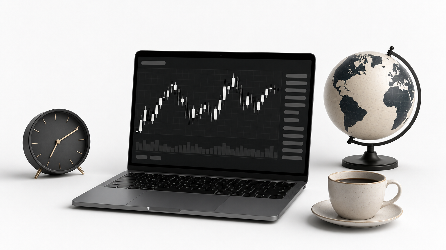Desk with a clock, laptop showing price charts, coffee cup, and a globe.
