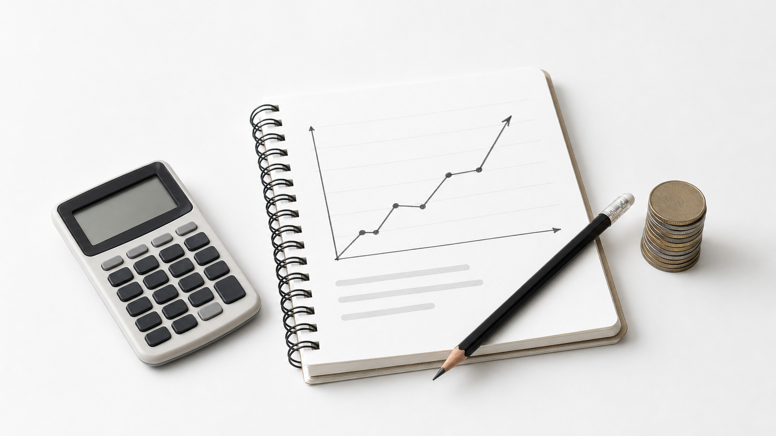 Coins, calculator, and notebook with a hand-drawn chart and pencil on a table.