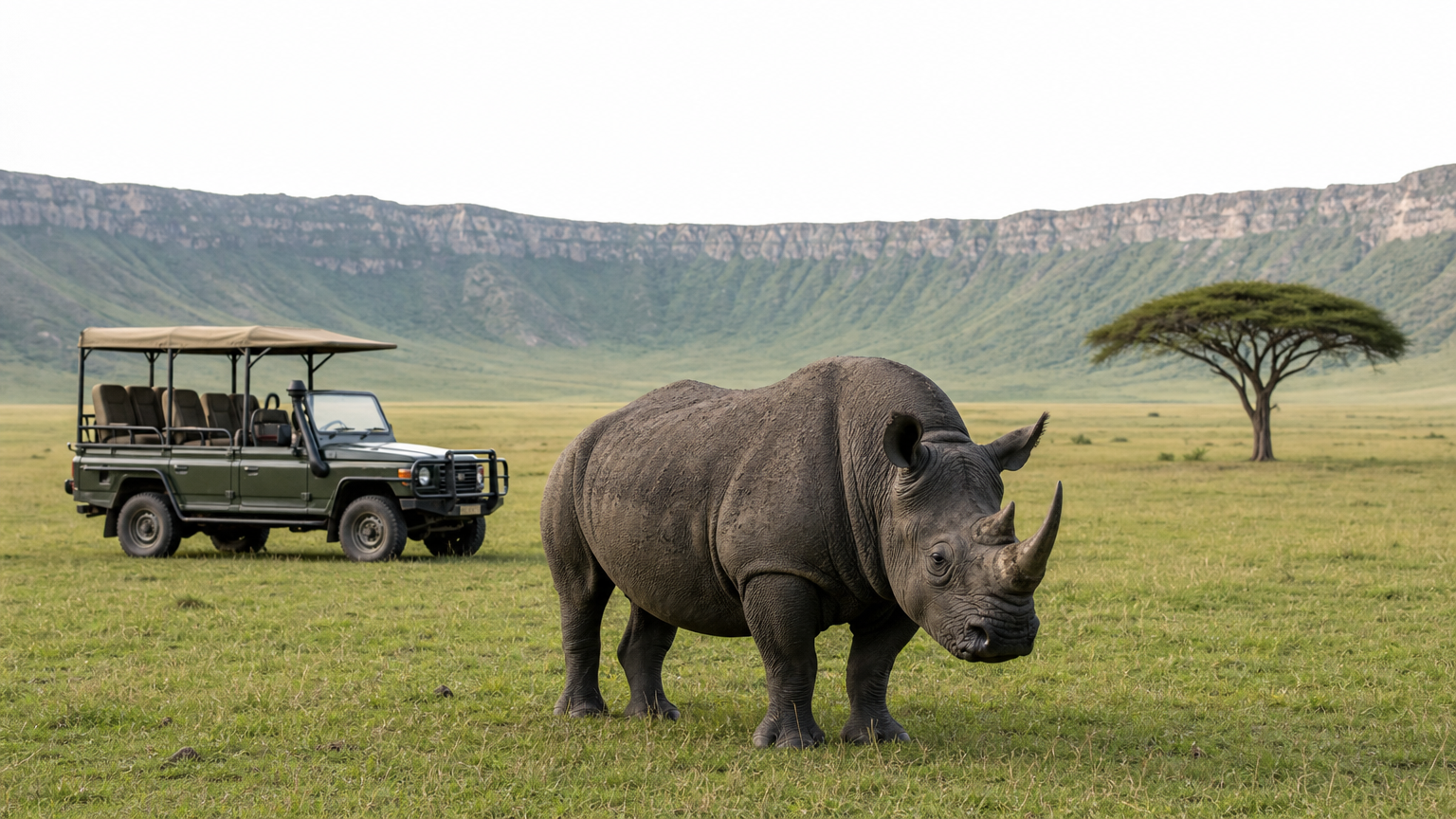 Open-roof safari vehicle parked near a black rhino on a grassy crater floor beneath distant rim cliffs.