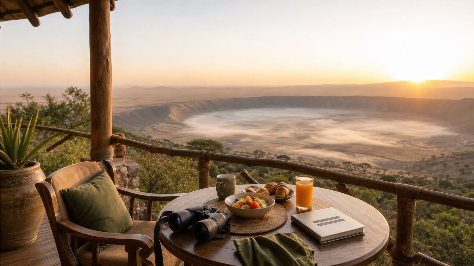 Lodge veranda with breakfast table and binoculars overlooking a misty crater at sunrise.