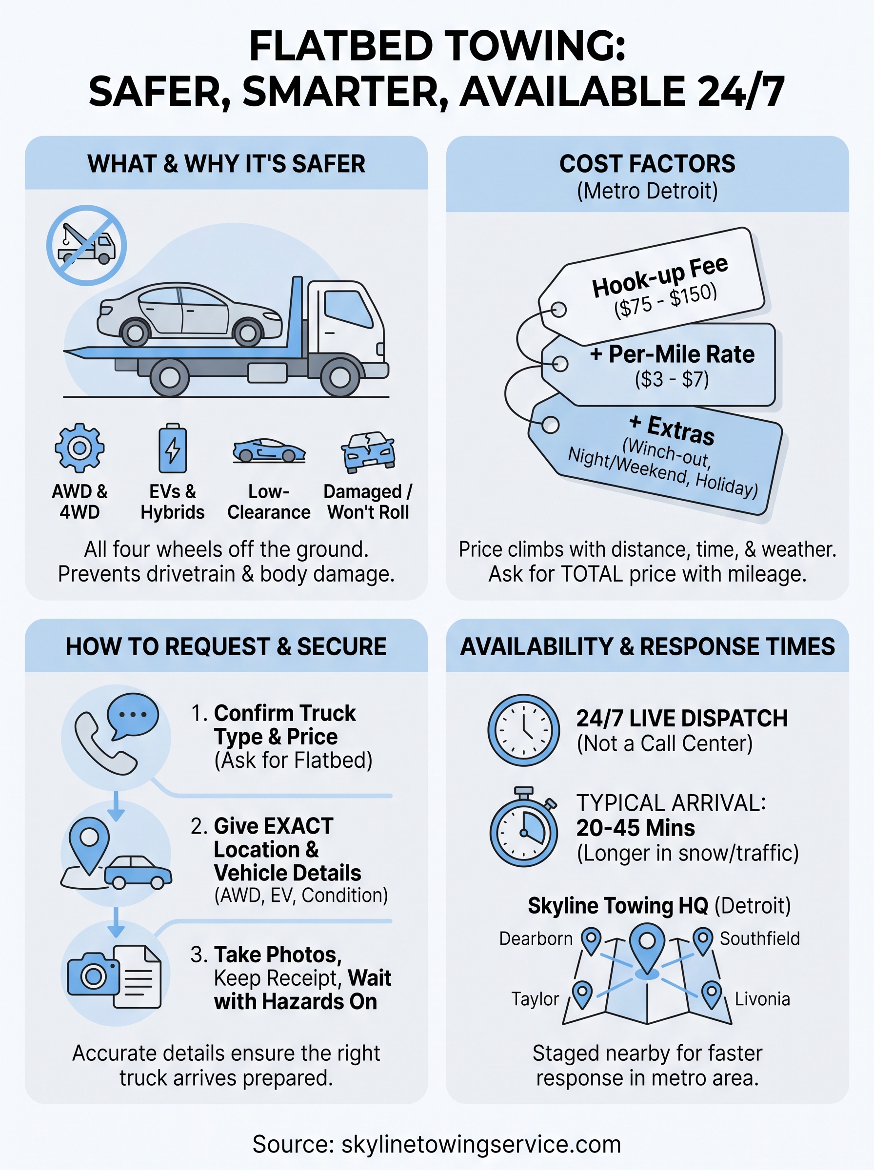 Flatbed Towing Service near Me: Costs and 24/7 Availability towing service near me flatbed infographic