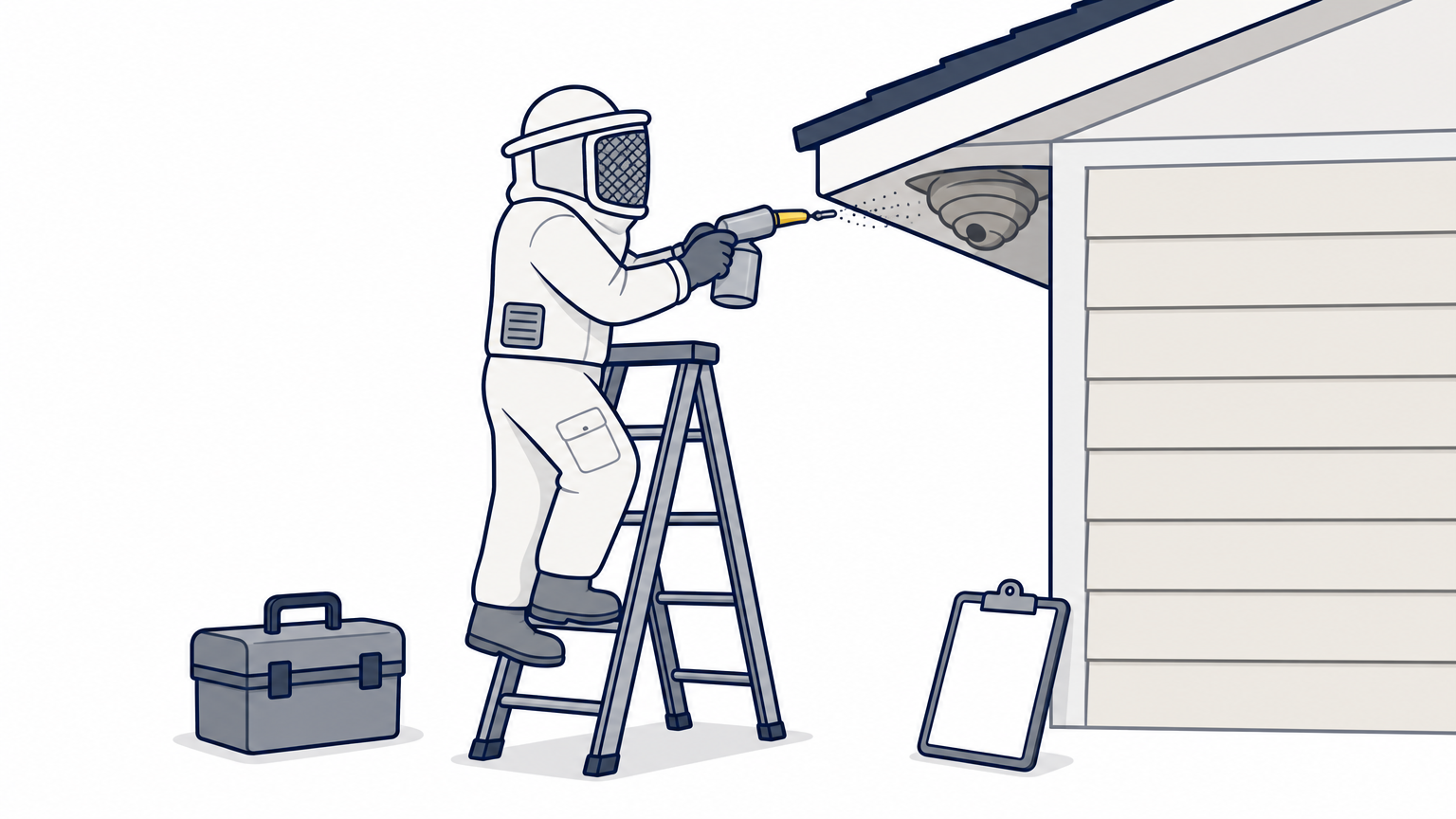 A technician in protective gear on a ladder treats a hive under a house eave.