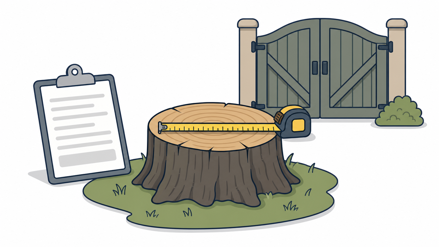 A tree stump in a lawn with a tape measure across it and a clipboard nearby.