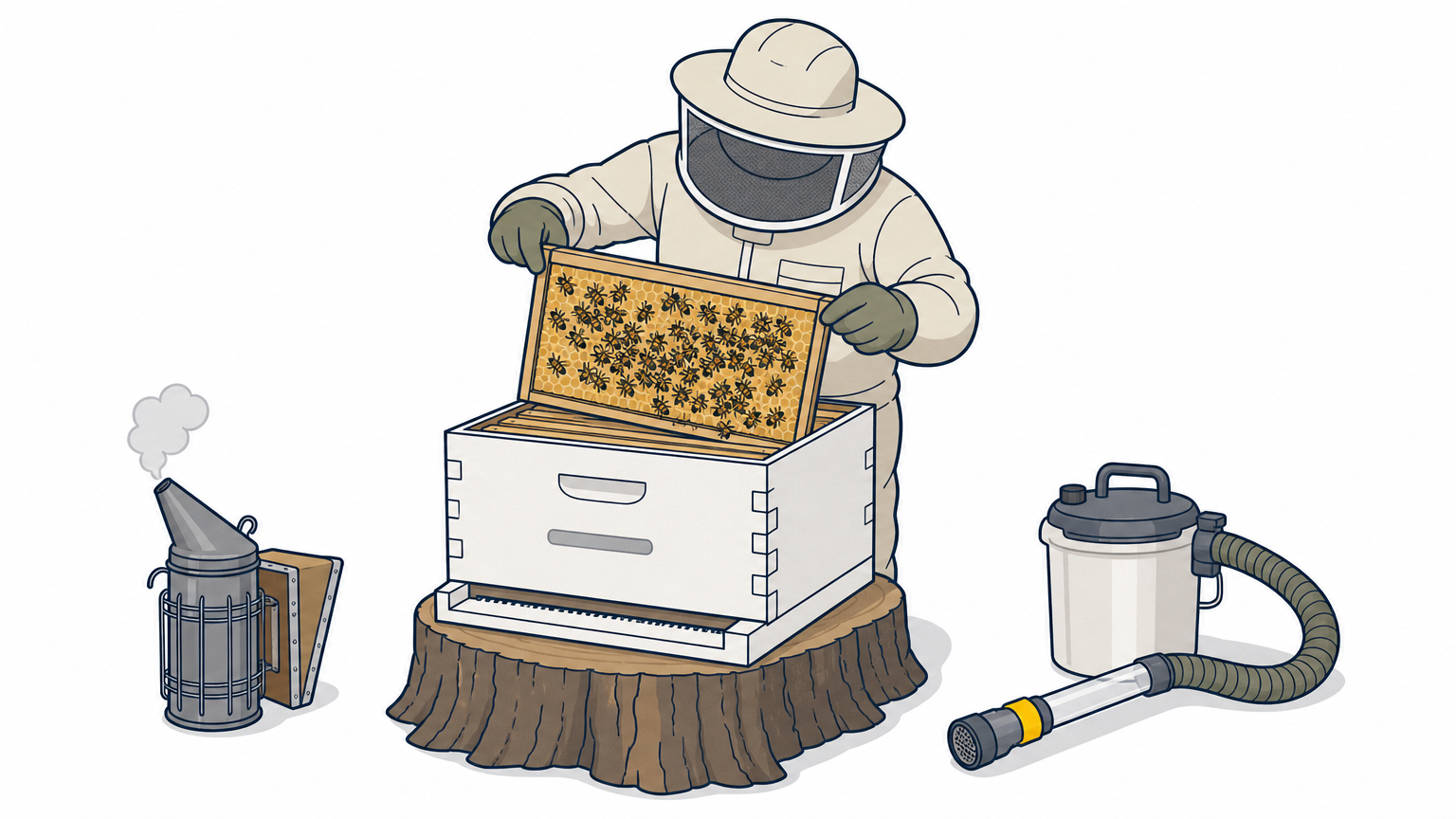 A beekeeper places a frame of honeycomb into a hive box beside a smoker.