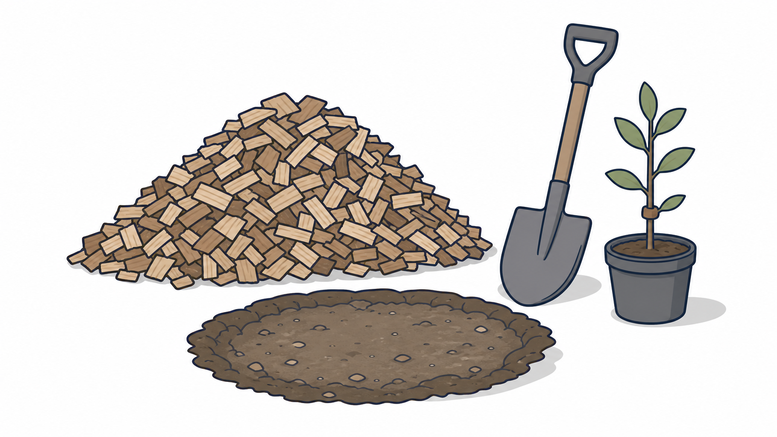 Wood chip pile beside a leveled patch of soil with a shovel and potted sapling.